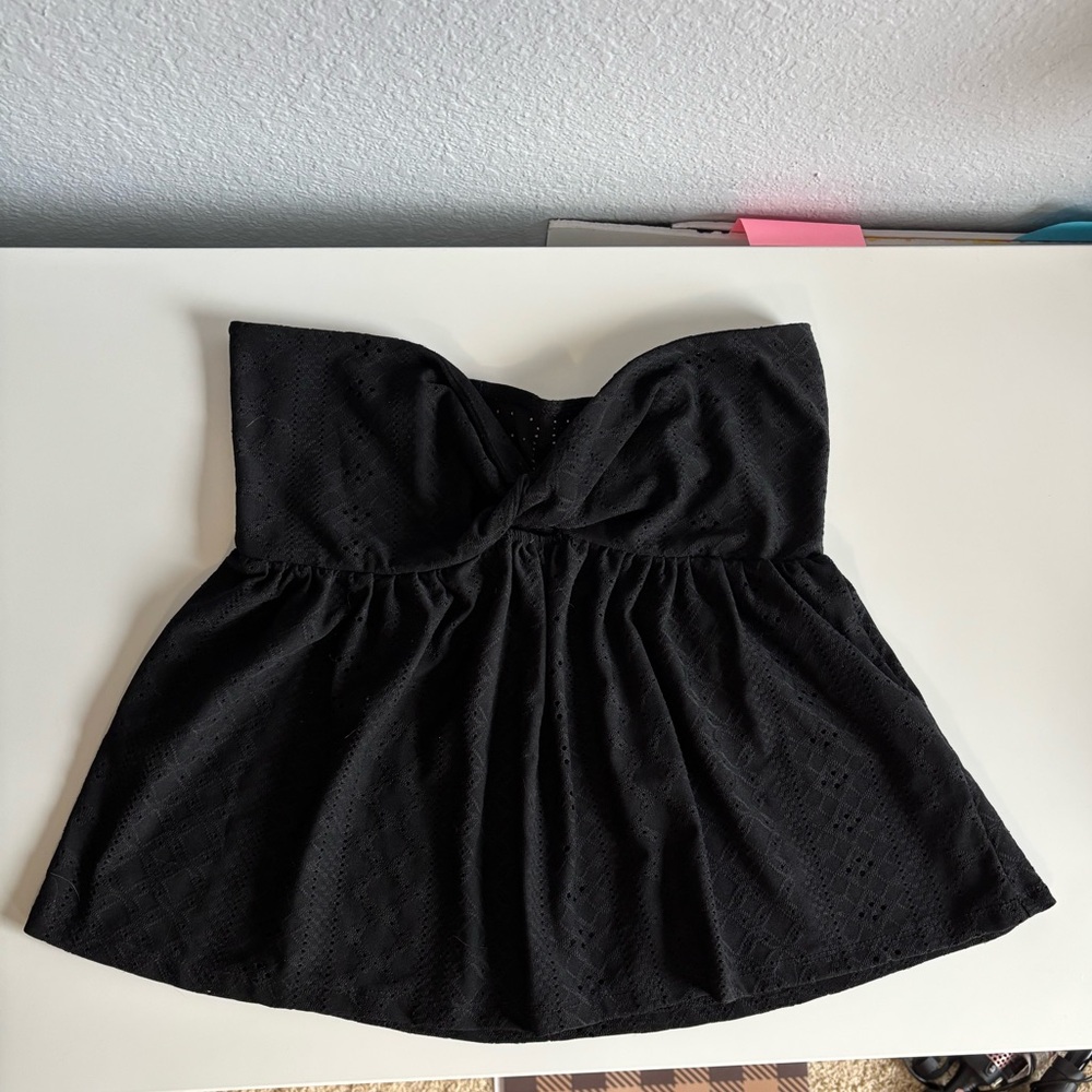 SHEIN Black Strapless Twist-Front Eyelet Dress